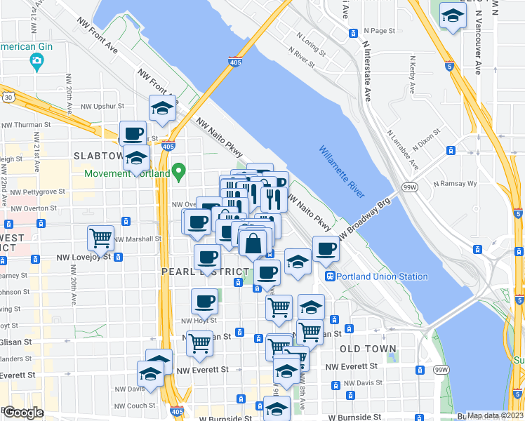 map of restaurants, bars, coffee shops, grocery stores, and more near 1157 Northwest 9th Avenue in Portland
