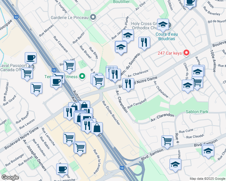 map of restaurants, bars, coffee shops, grocery stores, and more near 5190 Boulevard Notre Dame in Laval