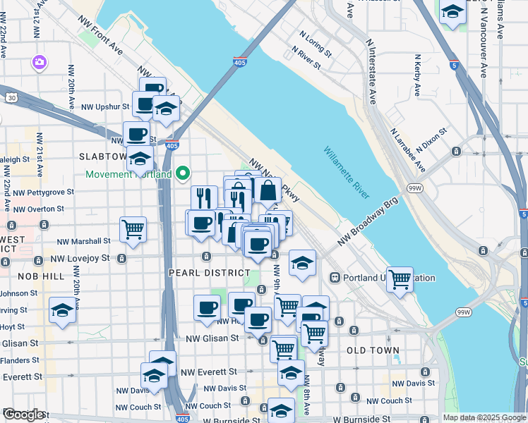 map of restaurants, bars, coffee shops, grocery stores, and more near 1255 Northwest 9th Avenue in Portland