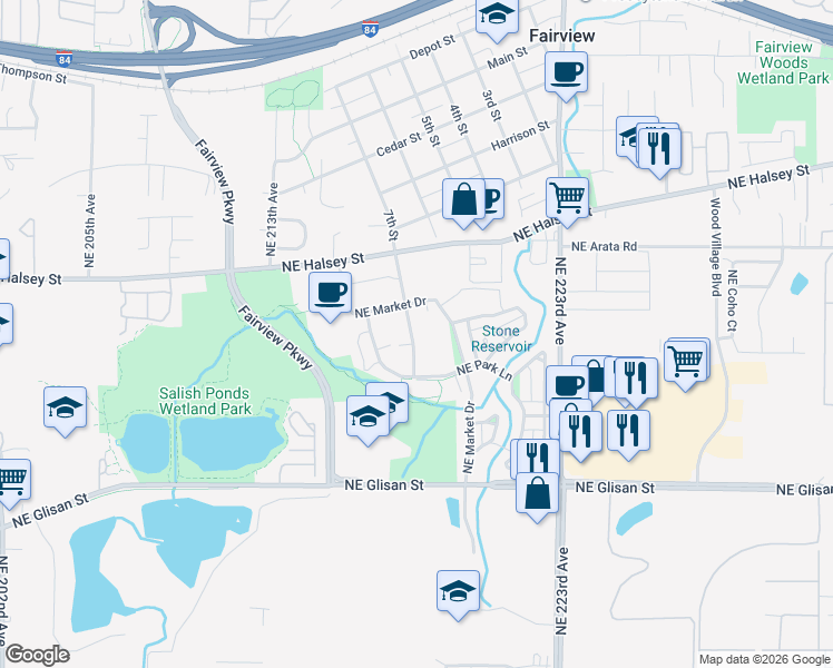 map of restaurants, bars, coffee shops, grocery stores, and more near 1528 Northeast Village Street in Fairview