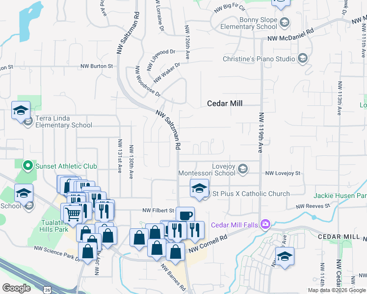 map of restaurants, bars, coffee shops, grocery stores, and more near 1780 Northwest Saltzman Road in Portland