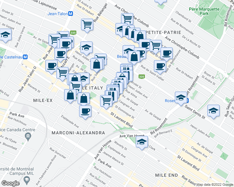 map of restaurants, bars, coffee shops, grocery stores, and more near 185 Rue Beaubien Est in Montréal
