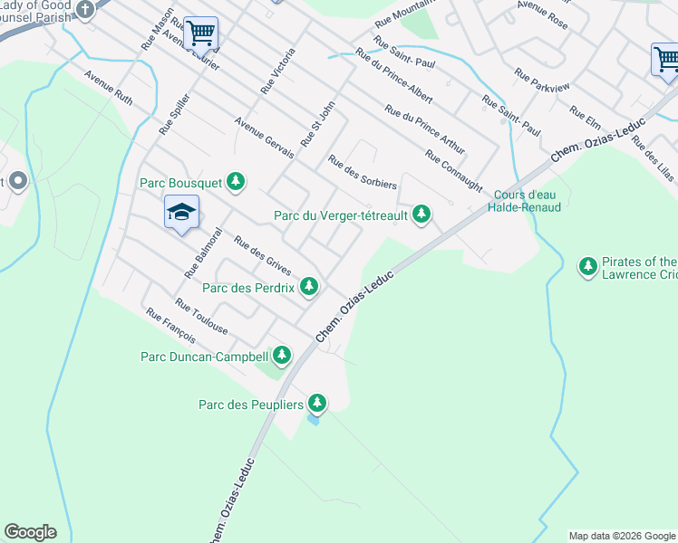 map of restaurants, bars, coffee shops, grocery stores, and more near 1030 Rue des Perdrix in Otterburn Park
