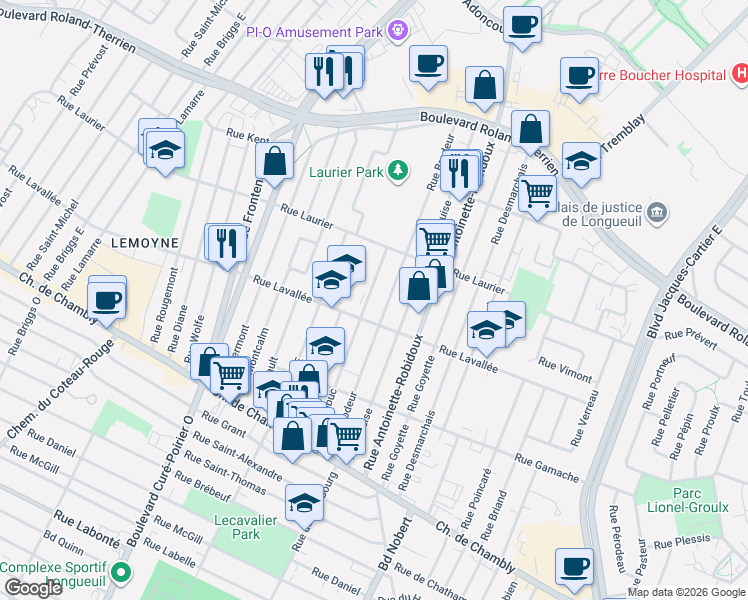 map of restaurants, bars, coffee shops, grocery stores, and more near 336 Rue Dubuc in Longueuil