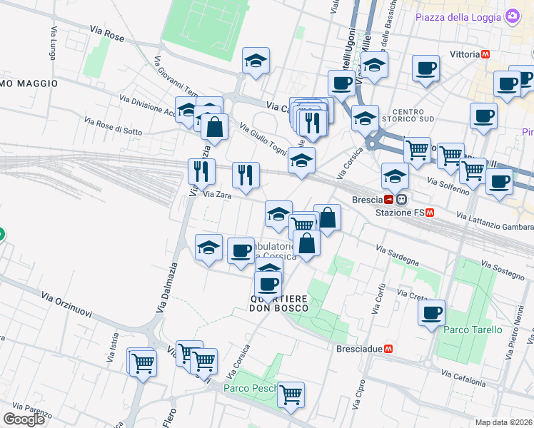 map of restaurants, bars, coffee shops, grocery stores, and more near 44 Via Zara in Brescia