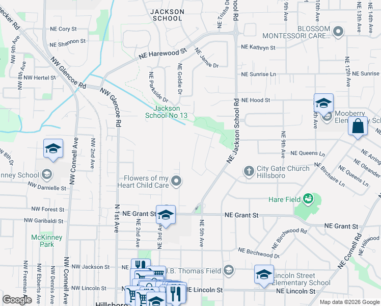 map of restaurants, bars, coffee shops, grocery stores, and more near 1033 Northeast 5th Drive in Hillsboro