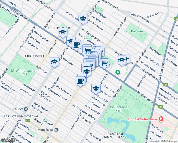 map of restaurants, bars, coffee shops, grocery stores, and more near in Montreal