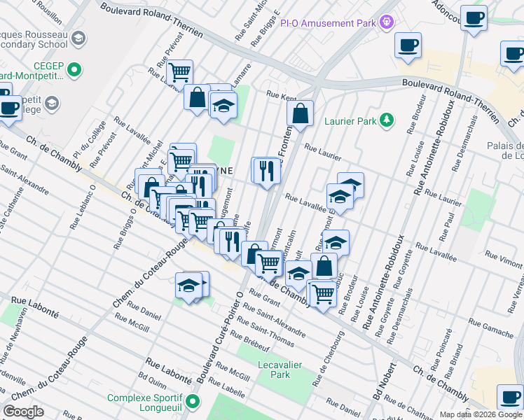 map of restaurants, bars, coffee shops, grocery stores, and more near 197 Rue Frontenac in Longueuil