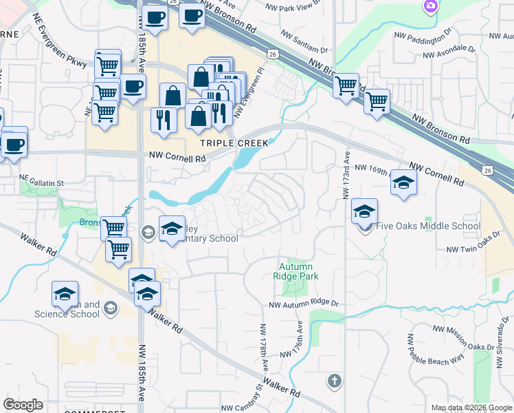 map of restaurants, bars, coffee shops, grocery stores, and more near 1796 Northwest Rolling Hill Drive in Beaverton