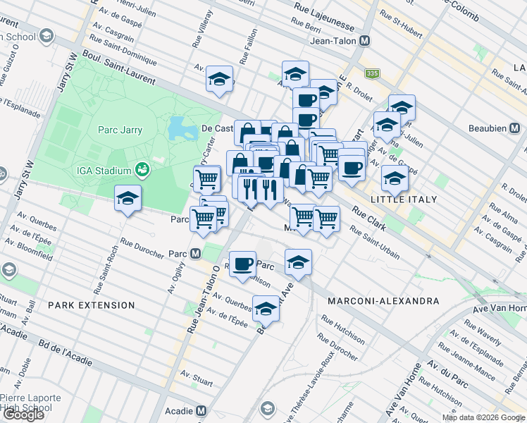 map of restaurants, bars, coffee shops, grocery stores, and more near 7140 Rue Alexandra in Montréal