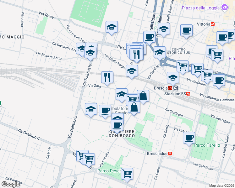 map of restaurants, bars, coffee shops, grocery stores, and more near 22 Via Zara in Brescia