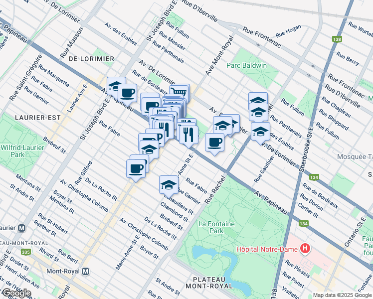 map of restaurants, bars, coffee shops, grocery stores, and more near in Montreal