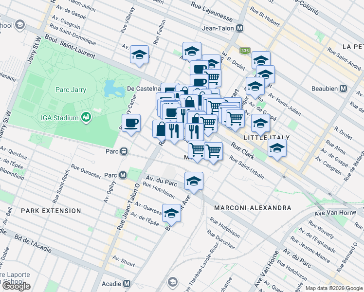 map of restaurants, bars, coffee shops, grocery stores, and more near 7095 Rue Alexandra in Montréal