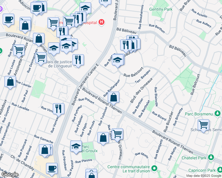 map of restaurants, bars, coffee shops, grocery stores, and more near Rue Baillargeon in Longueuil