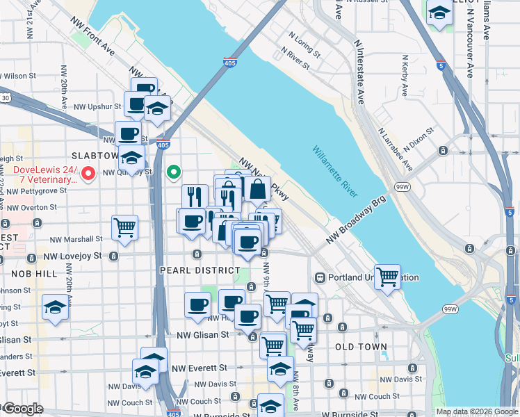 map of restaurants, bars, coffee shops, grocery stores, and more near 917 Northwest Overton Street in Portland