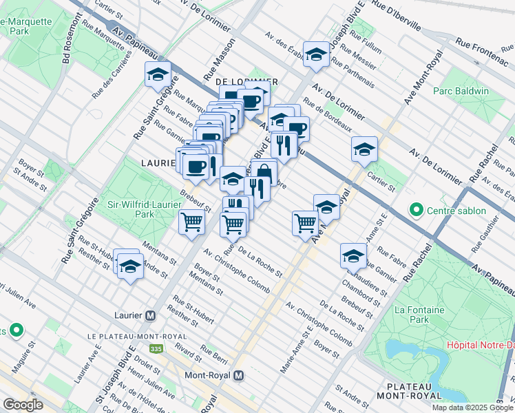 map of restaurants, bars, coffee shops, grocery stores, and more near Rue Gilford in Montréal