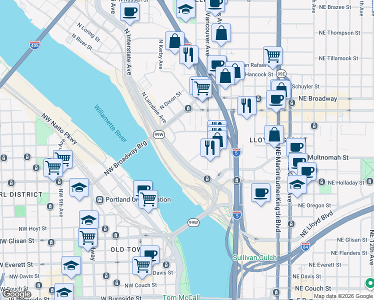 map of restaurants, bars, coffee shops, grocery stores, and more near 300 North Winning Way in Portland