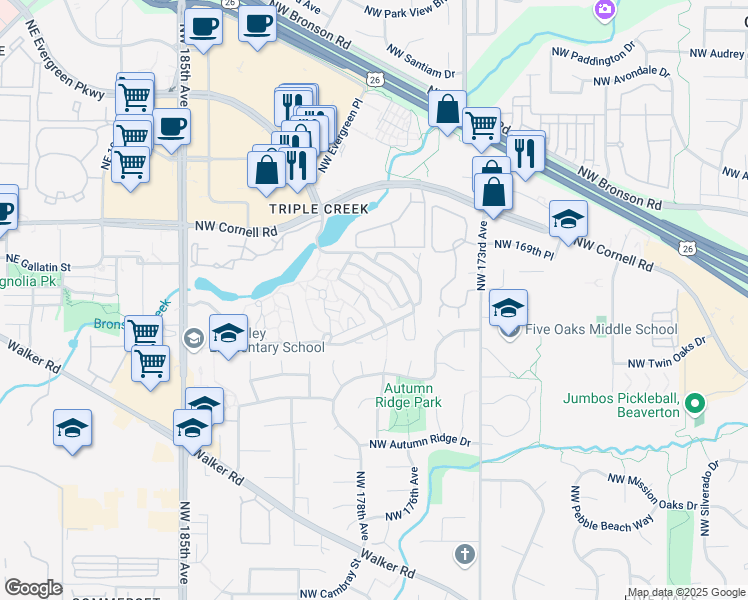 map of restaurants, bars, coffee shops, grocery stores, and more near 17645 Northwest Rolling Hill Lane in Beaverton