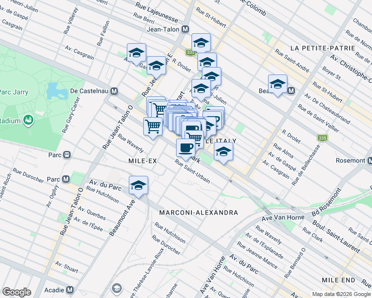 map of restaurants, bars, coffee shops, grocery stores, and more near 6755 Rue Clark in Montrã©Al
