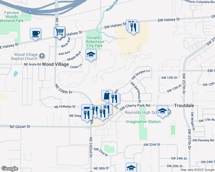 map of restaurants, bars, coffee shops, grocery stores, and more near 2153 Southwest Sturges Lane in Troutdale