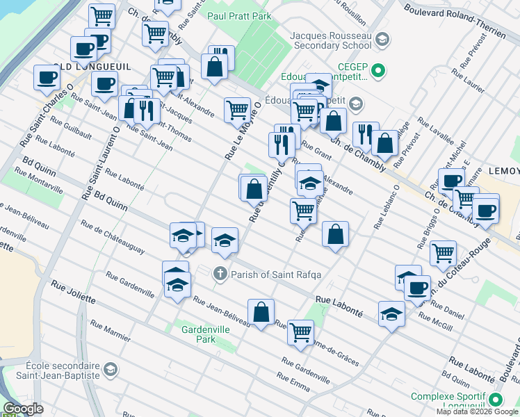map of restaurants, bars, coffee shops, grocery stores, and more near 360 Rue de Gentilly Ouest in Longueuil