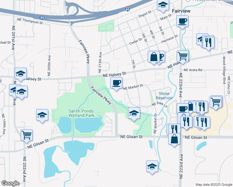 map of restaurants, bars, coffee shops, grocery stores, and more near 21500 Northeast Halsey Street in Fairview