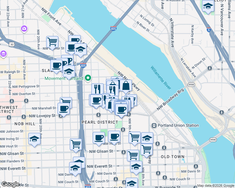 map of restaurants, bars, coffee shops, grocery stores, and more near 1075 Northwest Northrup Street in Portland
