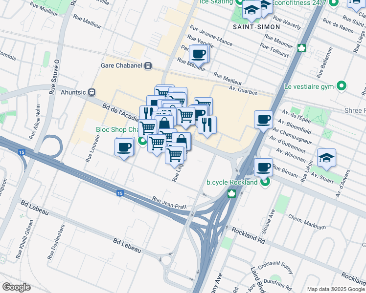 map of restaurants, bars, coffee shops, grocery stores, and more near 9200 Boulevard de l'Acadie in Montréal
