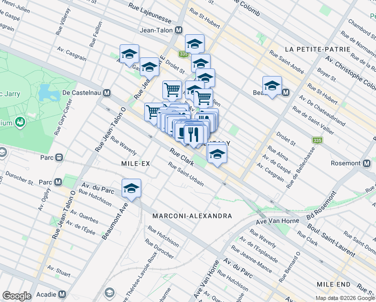 map of restaurants, bars, coffee shops, grocery stores, and more near 6728 Boulevard Saint-Laurent in Montréal
