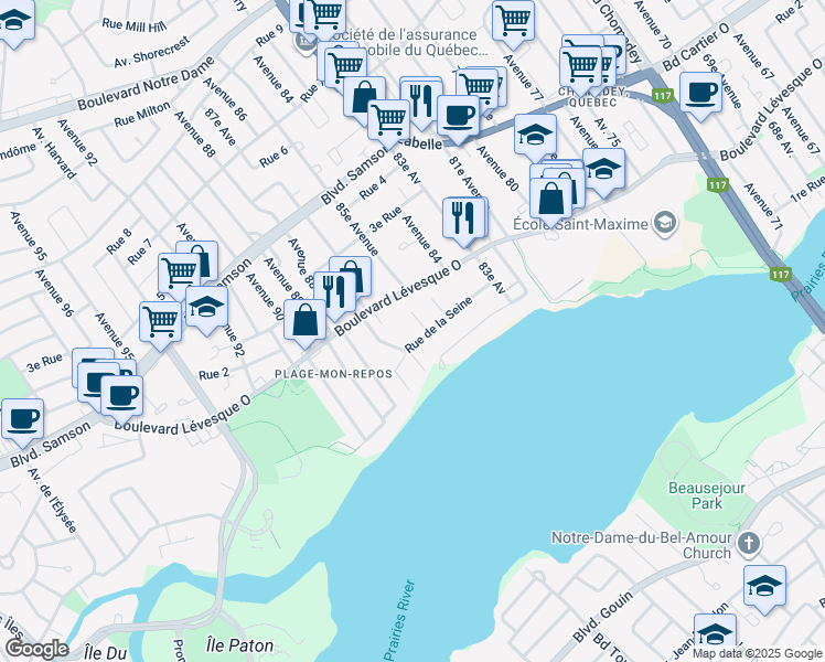 map of restaurants, bars, coffee shops, grocery stores, and more near 4181 Rue de la Seine in Laval