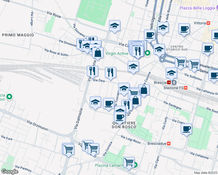 map of restaurants, bars, coffee shops, grocery stores, and more near 13 Via Lombardia in Brescia