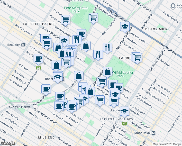 map of restaurants, bars, coffee shops, grocery stores, and more near 5497 Rue Saint-André in Montréal