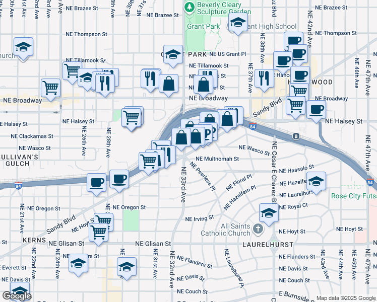 map of restaurants, bars, coffee shops, grocery stores, and more near 3235 Northeast Wasco Street in Portland