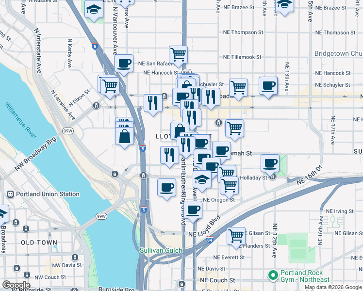 map of restaurants, bars, coffee shops, grocery stores, and more near 340 Northeast Clackamas Street in Portland