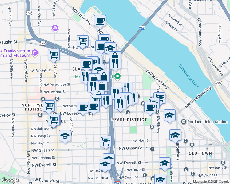 map of restaurants, bars, coffee shops, grocery stores, and more near 106 Northwest 15th Avenue in Portland