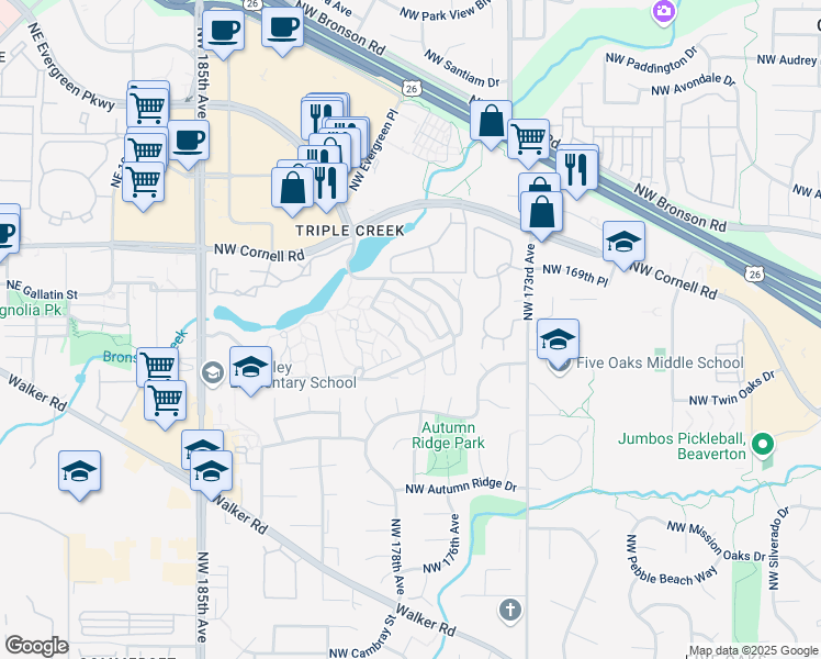 map of restaurants, bars, coffee shops, grocery stores, and more near 17645 Northwest Rolling Hill Lane in Beaverton