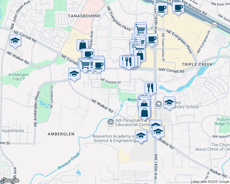 map of restaurants, bars, coffee shops, grocery stores, and more near 18998 Northwest Avery Park Way in Hillsboro