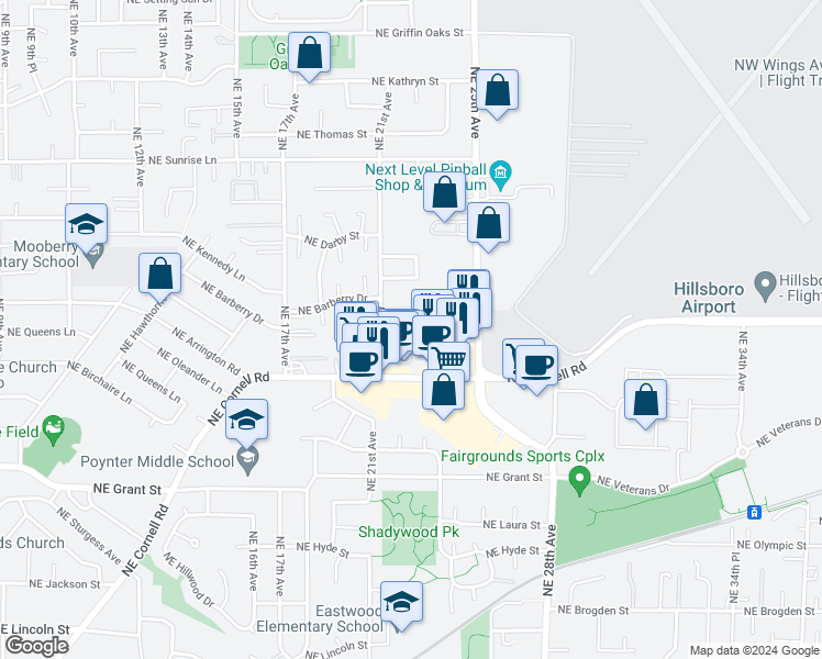 map of restaurants, bars, coffee shops, grocery stores, and more near 2234 Northeast Barberry Drive in Hillsboro