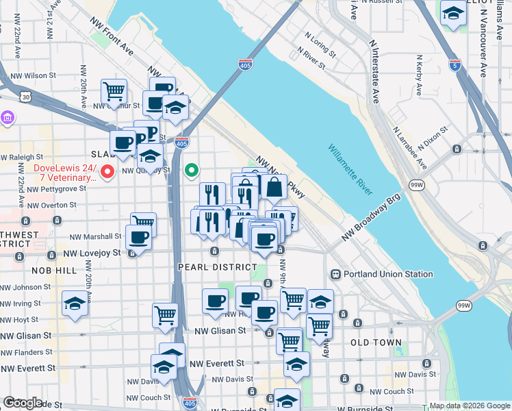 map of restaurants, bars, coffee shops, grocery stores, and more near 1075 Northwest Northrup Street in Portland