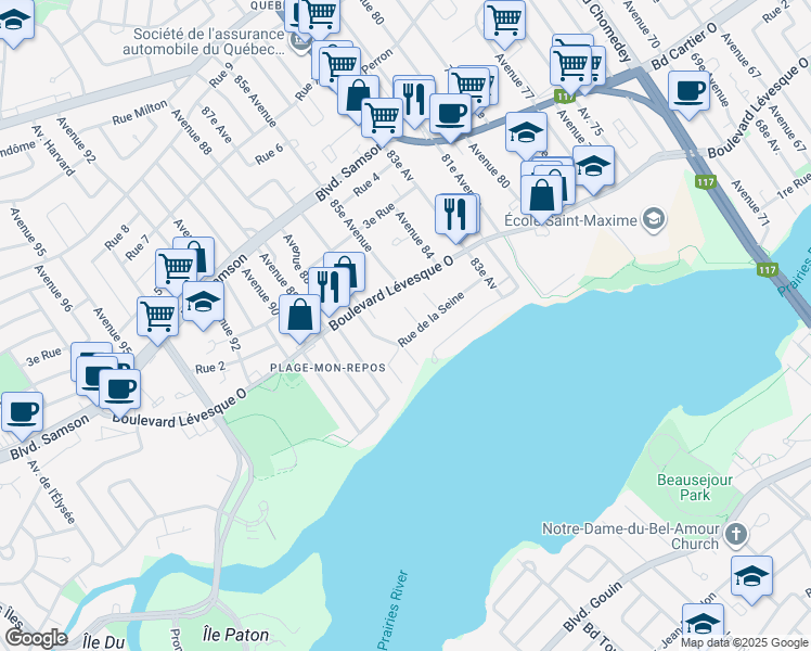 map of restaurants, bars, coffee shops, grocery stores, and more near 4181 Rue de la Seine in Laval