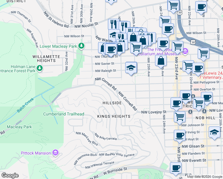 map of restaurants, bars, coffee shops, grocery stores, and more near 1262 Northwest Summit Avenue in Portland