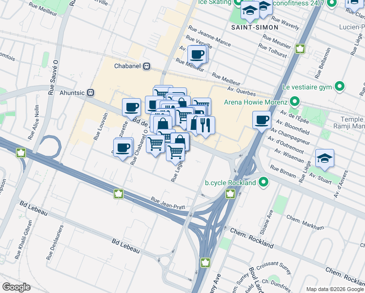 map of restaurants, bars, coffee shops, grocery stores, and more near 9150 Boulevard de l'Acadie in Montréal