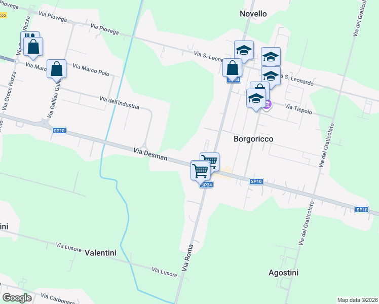 map of restaurants, bars, coffee shops, grocery stores, and more near 198 Via Desman in Borgoricco