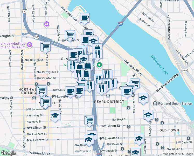 map of restaurants, bars, coffee shops, grocery stores, and more near 106 Northwest 15th Avenue in Portland