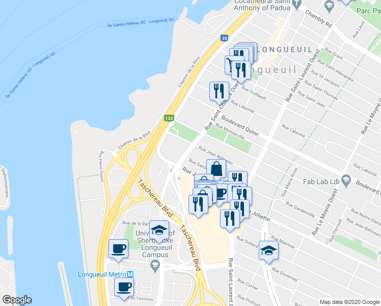 map of restaurants, bars, coffee shops, grocery stores, and more near 674 Rue Saint-Charles Ouest in Longueuil