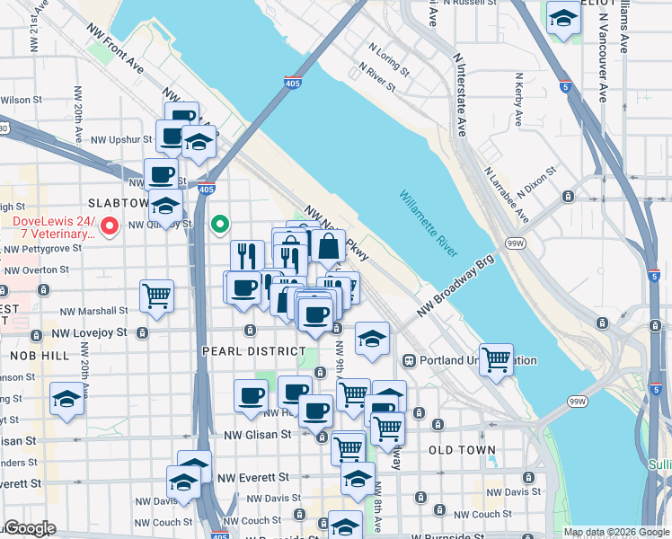 map of restaurants, bars, coffee shops, grocery stores, and more near 917 Northwest Overton Street in Portland