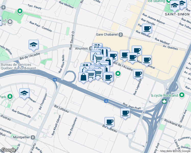 map of restaurants, bars, coffee shops, grocery stores, and more near 1405 Rue de Louvain Ouest in Montréal