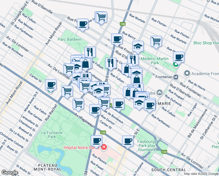 map of restaurants, bars, coffee shops, grocery stores, and more near 2436 Rue Parthenais in Montréal