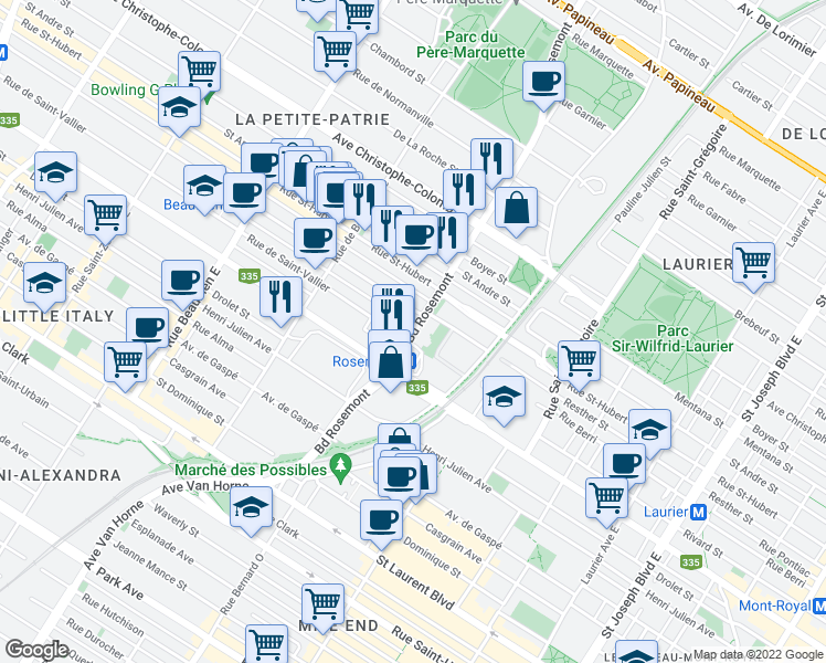 map of restaurants, bars, coffee shops, grocery stores, and more near 519 Boulevard Rosemont in Montréal