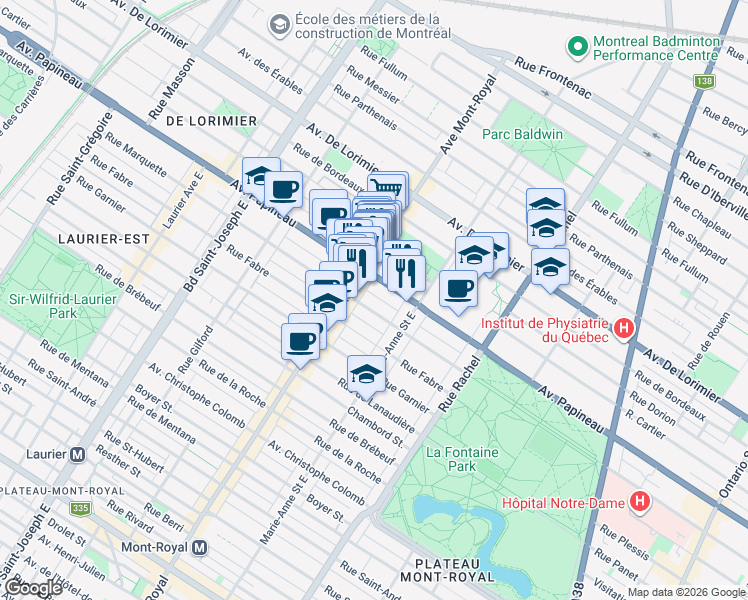 map of restaurants, bars, coffee shops, grocery stores, and more near 4435 Rue Marquette in Montréal